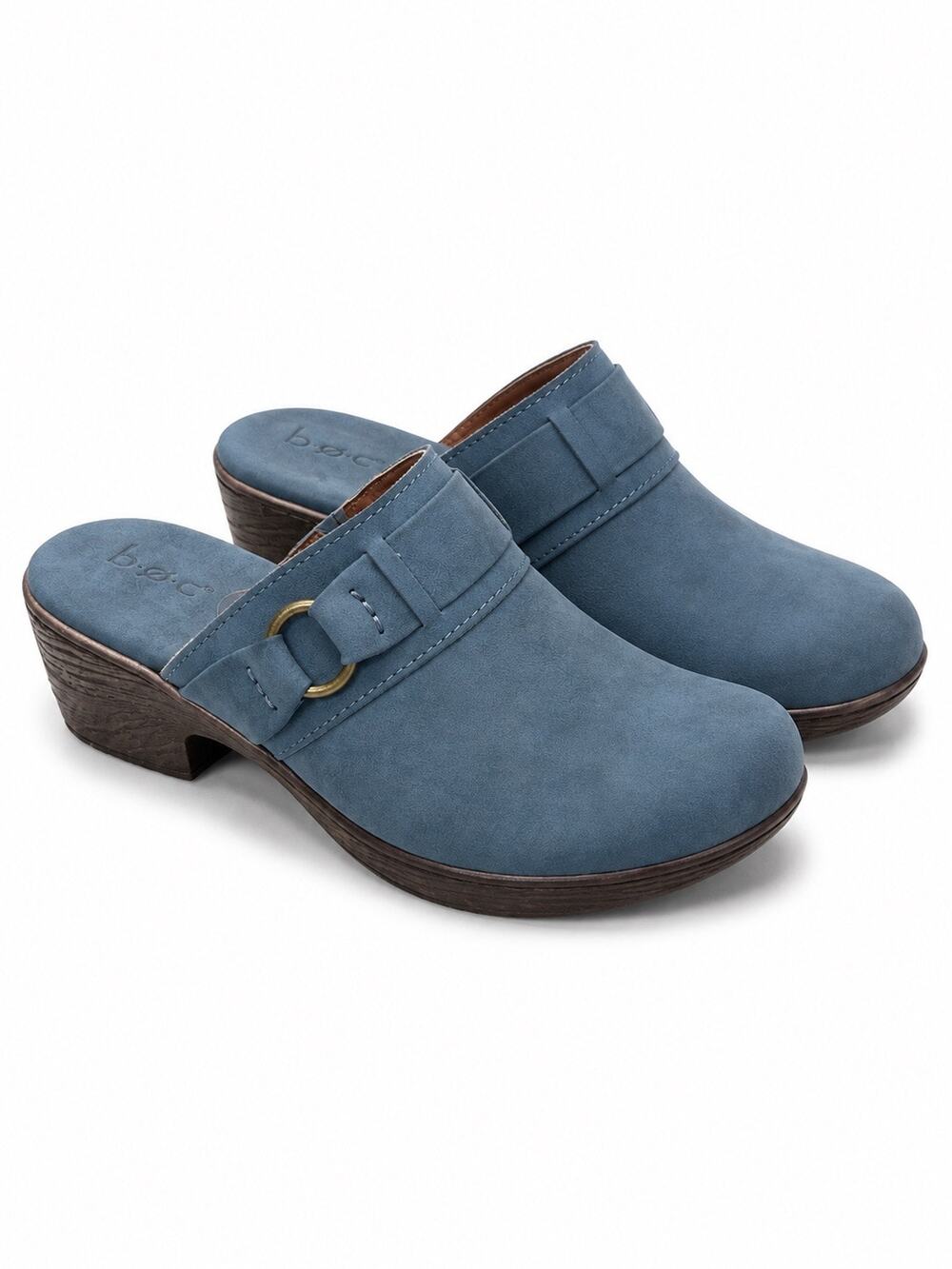 B.O.C. Born Blue Buckle Clog Mules Size 8 Comfort Block Heel Boho Shoes